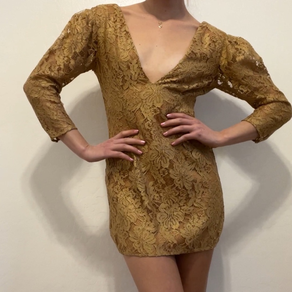 Gold lace mini dress